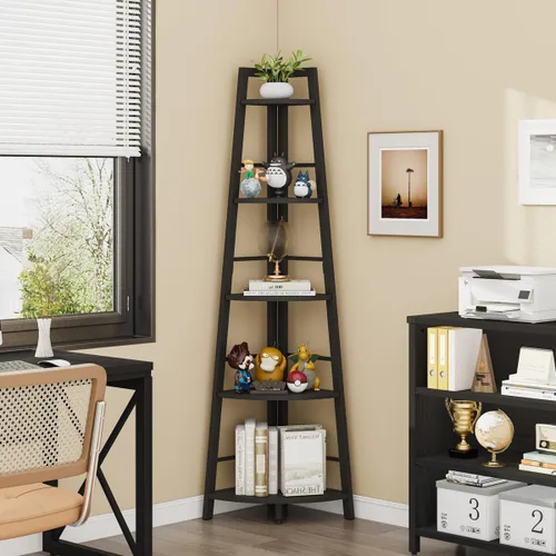 Miniatura 8 de BON AUGURE Estantería Esquinera de Escalera, Librero Esquinero de Madera y Metal Negro de 5 Niveles, Unidad de Estantería Estrecha y Alta