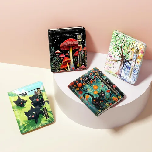 Miniatura 7 de Billetera de cuero genuino de lujo para mujer con bloqueo RFID, compacta, plegable, con ventana para identificación, Gato negro, Moderno