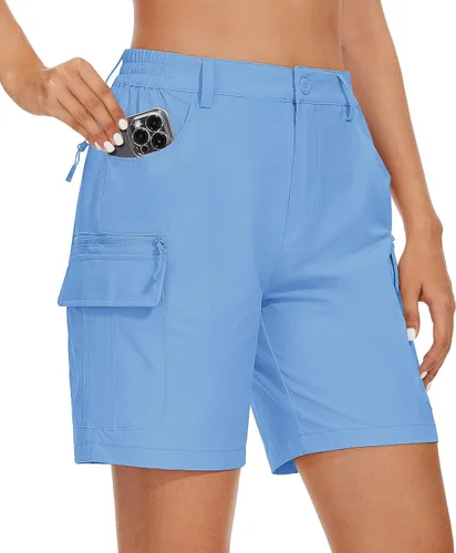 MAGCOMSEN Pantalones cortos tipo cargo de senderismo para mujer de 7 pulgadas con 6 bolsillos, cintura alta, pantalones cortos de verano ligeros de