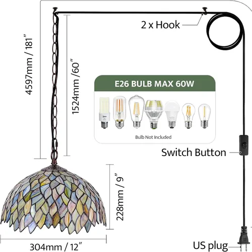 Miniatura 6 de Lámpara Colgante de Vidrio Emplomado Estilo Tiffany con Enchufe, 12" de Ancho Diseño de Glicinia Lámpara Colgante, Cadena de 60 Pulgadas Cable de 15