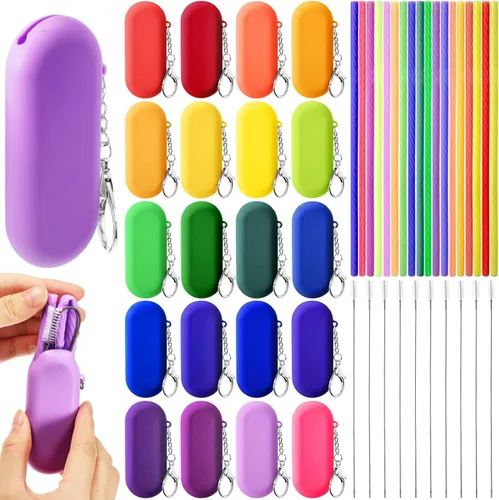 Miniatura 8 de Irenare Juego de 20 popotes de silicona con estuche, reutilizables, plegables, portátiles, de viaje, para beber en frío o caliente, con funda