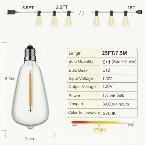 Miniatura 7 de Guirnalda de luces para exteriores de 25 pies, luces impermeables para patio con bombillas Edison ST38 vintage inastillables, luces colgantes