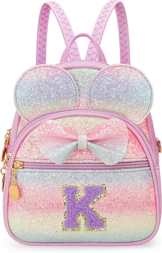 Miniatura 25 de KKXIU Mochilas Mini con Moño Inicial para Niñas y Mujeres, Linda Mochila Pequeña con Asa de Bolso, Regalos Personalizados para Niños, Arcoíris