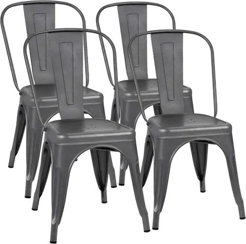 Miniatura 9 de Flamaker Sillas de comedor de metal para uso en interiores y exteriores, sillas laterales apilables con respaldo para cocina industrial, sillas Negro