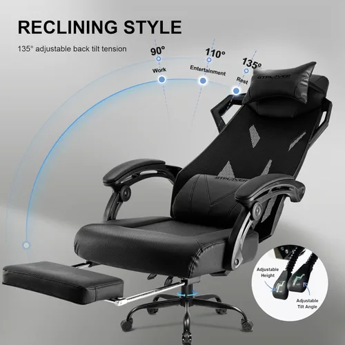Miniatura 7 de GTPLAYER Silla para videojuegos, silla de computadora con respaldo de malla, silla ergonómica para juegos con reposapiés, silla reclinable con Negro