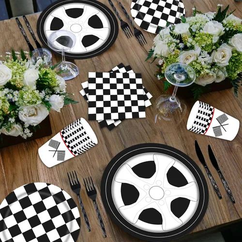 Miniatura 4 de 144 piezas de suministros de fiesta de cumpleaños de coches de carreras para niños, juegos de vajilla de coches de carreras en blanco y negro a