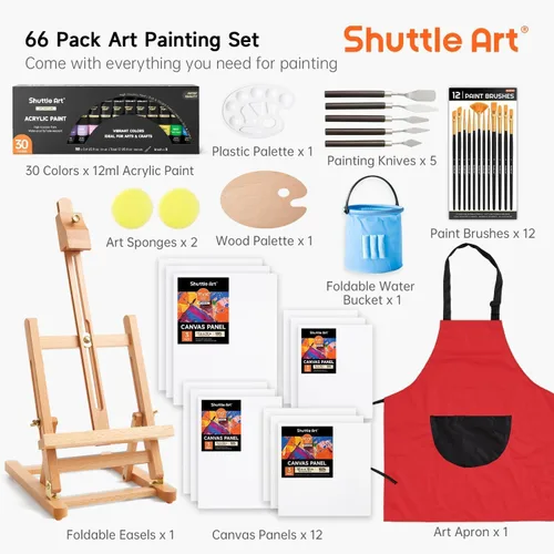 Miniatura 2 de Shuttle Art - Juego de 66 pinturas acrílicas, juego de pintura acrílica de 30 colores, caballete de madera, lienzo de pintura, pinceles de pintura