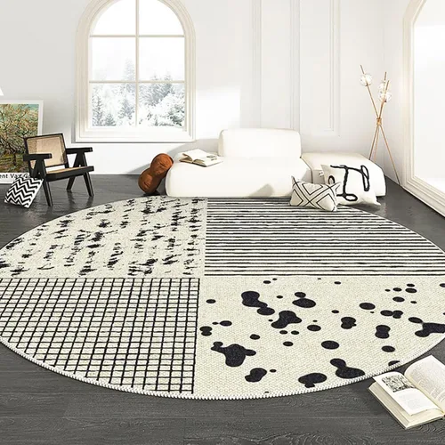 Miniatura 20 de Modernas alfombras redondas de color marfil a rayas negras para dormitorio, sala de estudio, simple moda abstracta, alfombra de área circular de 2