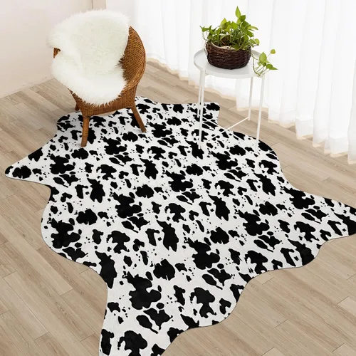 Miniatura 19 de Bonita alfombra con estampado de vaca, pequeña de piel sintética de vaca en blanco y negro, alfombra con estampado animal para mesa, dormitorio