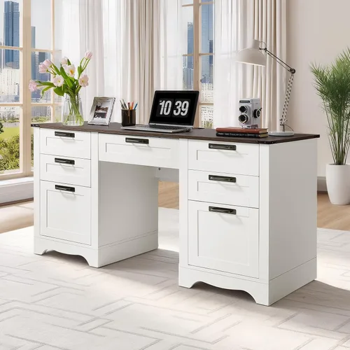 Miniatura 11 de VEVOR Escritorio ejecutivo de 63 pulgadas, mesa de oficina rectangular grande y moderna, mesa ejecutiva de madera resistente con orificio de Nogal