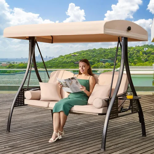 Miniatura 10 de Columpio de porche para exteriores 3 en 1 con toldo ajustable, columpio de 3 asientos para adultos, columpio de patio con cojines gruesos, almohadas