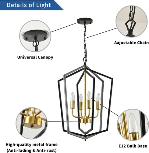 Miniatura 5 de WJShome 46 cm de diámetro Candelabro negro y dorado, lámpara de comedor estilo granja de 4 luces, lámparas modernas de vestíbulo, lámpara colgante