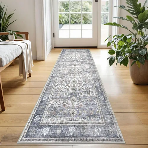 Miniatura 27 de KUTA Alfombras vintage de 2 x 3 pies para entrada, antideslizantes, lavables, tapete para puerta de interior con estampado floral, azul, gris, Azul