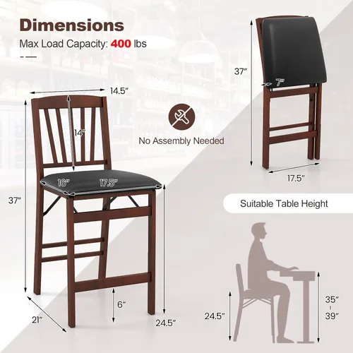Miniatura 3 de COSTWAY Juego de 2 sillas de altura de mostrador, juego de taburetes de bar de 24.5 pulgadas, taburete de isla de cocina plegable con asiento