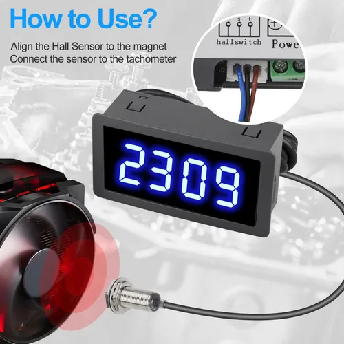 Miniatura 4 de EEEkit Tacómetro de 4 dígitos con LED azul, medidor de velocidad RPM digital para motores con sensor Hall NPN de interruptor de proximidad