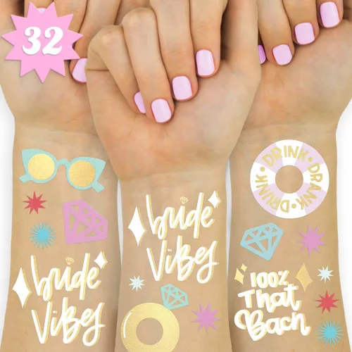 xo, Fetti Bride Vibes - Tatuajes de despedida de soltera - 32 estilos de purpurina | Decoración de fiesta de bach, regalo de dama de honor, regalo