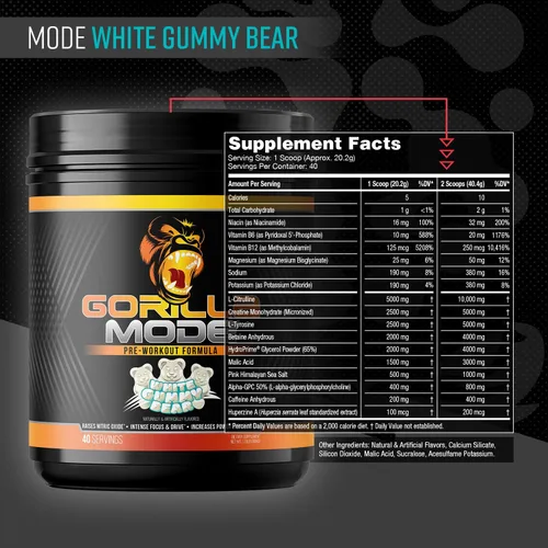Miniatura 2 de Gorilla Mind Pre entrenamiento - Bombas masivas de energía de enfoque láser - L-citrulina, creatina, L-tirosina, betaína, hidroprime, alfa-GPC, 400