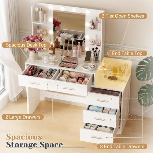 Miniatura 4 de YESHOMY Escritorio de maquillaje con espejo y luces, mesa de tocador con 5 cajones, 6 estantes, estación de carga para dormitorio, vestidor, blanco