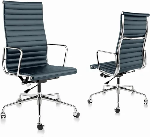 Silla de oficina acanalada con cuero de grano superior, silla de escritorio ergonómica de respaldo alto con reposabrazos de aluminio y base de 5