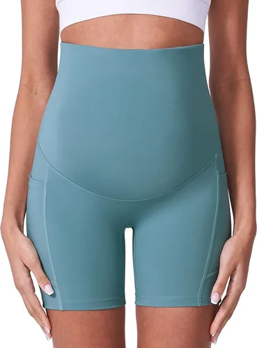 Miniatura 6 de POSHDIVAH Pantalones cortos de maternidad para mujer sobre el vientre entrenamiento yoga activo verano embarazo correr leggings cortos de 5 pulgadas
