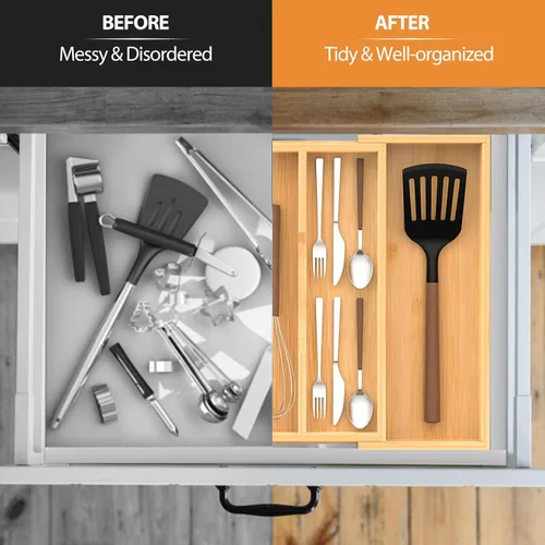 Miniatura 3 de Organizador de cajones de cocina expandible de bambú, 13 a 23 pulgadas, bandeja ajustable para utensilios y cubiertos, organizador de cajones