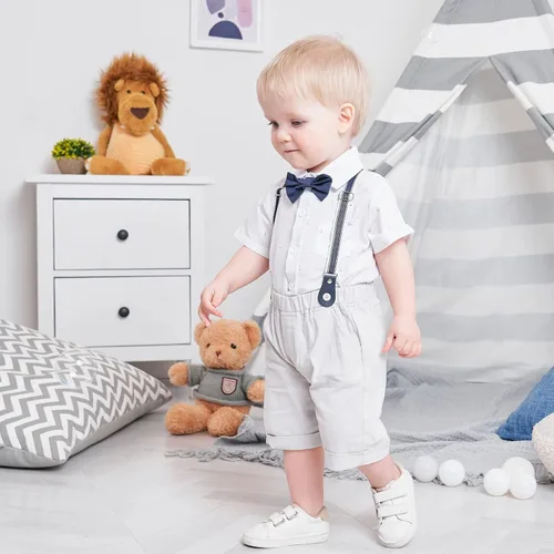 Miniatura 4 de Conjunto de traje de caballero de manga corta para bebé niño con corbatín + pantalones cortos con tirantes y pantalones cortos para bautizo festivo