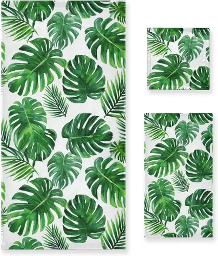 Vdsrup Juego de 3 toallas de baño de verano con hojas de palma tropical, toallas de mano de hojas de selva tropical, toalla suave y fina para