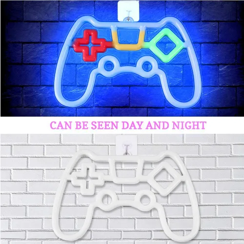 Miniatura 5 de Vicloon Letrero de neón para jugadores, luz de neón con forma de controlador de juego, luz de pared LED alimentada por USB/batería para decoración
