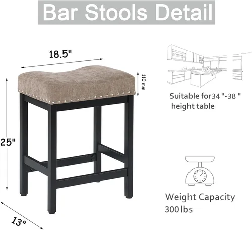 Miniatura 3 de OUllUO 918P-FBDR - Juego de 2 taburetes de bar de 25 pulgadas de altura de mostrador, taburetes de bar de tela gris pardo con cabeza de clavo