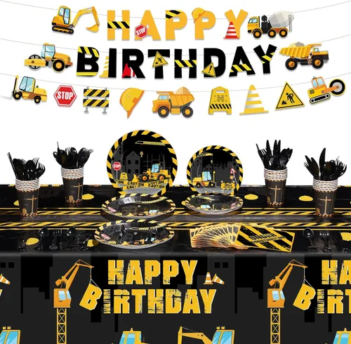 Tiamon 173 piezas de suministros para fiesta de cumpleaños de construcción, incluye mantel de construcción, pancartas, platos, servilletas, juego de