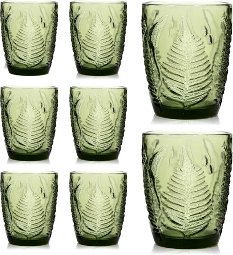 Miniatura 21 de Juego de 4 vasos vintage de vidrio transparente prensado a mano de 10 onzas, cristalería retro en relieve de helecho, vasos texturizados para agua