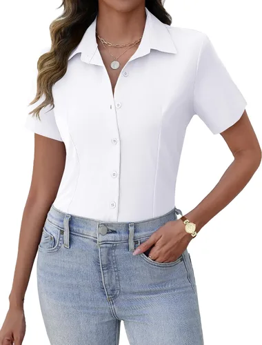 Miniatura 12 de Zeagoo Camisas de vestir de manga corta con botones para mujer, blusas básicas de trabajo con cuello de negocios