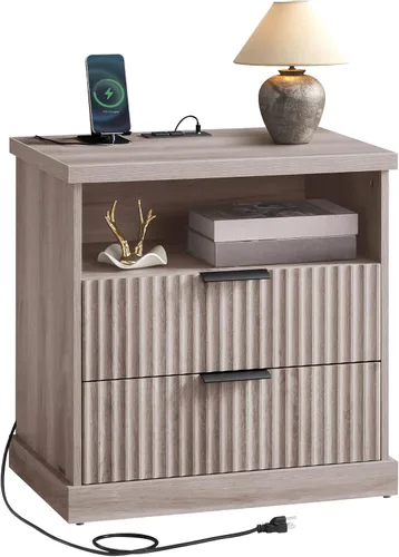 Miniatura 10 de VASAGLE - Colección MAXE - Mesita de noche con estación de carga, soporte estriado, mesa de noche, mesa auxiliar de estilo moderno de mediados