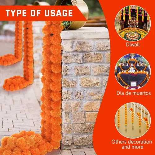 Miniatura 4 de 5 guirnaldas de caléndula para decoración, flores artificiales de caléndula de 5 pies, decoraciones Diwali para el hogar, cabezas de caléndula