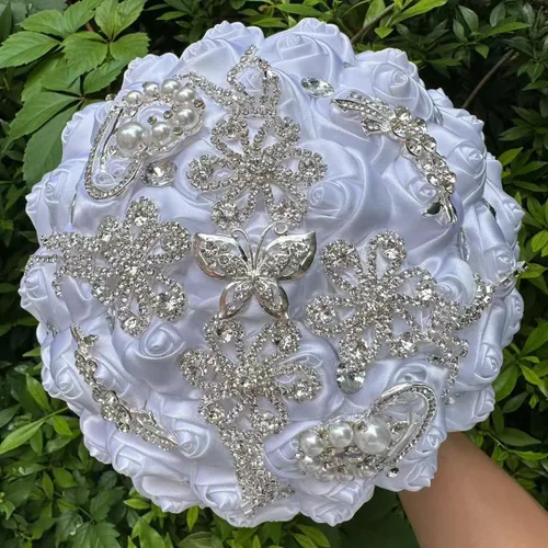 Miniatura 14 de Sharebeauty Ramo de novia de satén hecho a mano para lanzar ramo de boda, ramo de flores artificiales