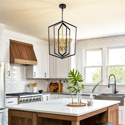 Miniatura 3 de WJShome 46 cm de diámetro Candelabro negro y dorado, lámpara de comedor estilo granja de 4 luces, lámparas modernas de vestíbulo, lámpara colgante