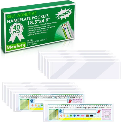 Meetory 40 PCS Bolsillos Mejorados para Placa de Identificación, 18.5" x 4.9" Placas de Identificación de Escritorio Autoadhesivas con Bolsillo para
