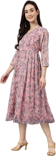 Miniatura 4 de Janasya Vestido acampanado con estampado floral de lúrex de gasa rosa para mujer
