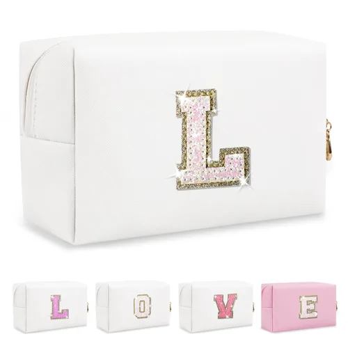 Miniatura 67 de Pequeña bolsa de maquillaje personalizada con inicial A-Z Preppy Patch, bolsa de cosméticos de viaje de felpilla blanca con cremallera, bonita bolsa