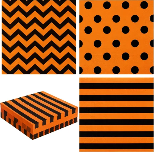 Whaline Servilletas de papel de Halloween de 6.5 pulgadas de color naranja y negro a rayas onduladas con lunares, servilletas geométricas