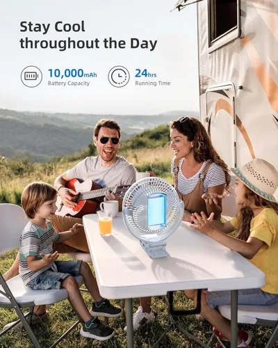 Miniatura 4 de Koonie Ventilador portátil con clip de 8 pulgadas, 10000 mAh, recargable por USB, funciona con batería, 4 velocidades, flujo de aire fuerte, Blanco