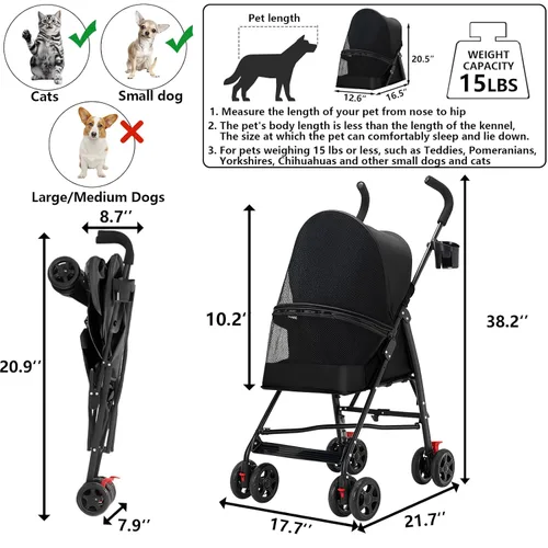 Miniatura 2 de Cochecito para mascotas con ventilación de malla, diseño plegable ligero, portavasos, negro