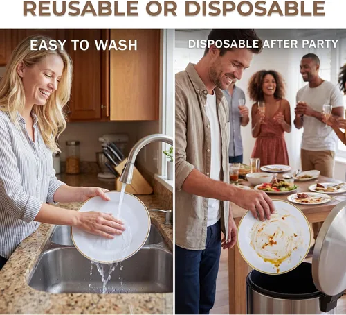 Miniatura 11 de KIRE 60 platos de plástico dorado – Platos desechables blancos resistentes de Acción de Gracias con borde dorado para fiesta/boda – Incluye 30