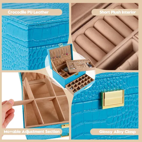 Miniatura 5 de Gifturbo Caja organizadora de joyas para mujeres y niñas, cajas de joyería de piel sintética azul, 3 capas de joyería, caja de regalo para pulseras