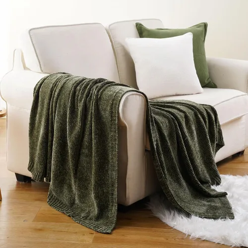 Miniatura 5 de BATTILO HOME Manta de Chenille Verde Oliva para Sofá, Acogedora Manta de Punto para Cama, Sofá, Exteriores, Súper Suave y Cálida, Mantas de Chenille