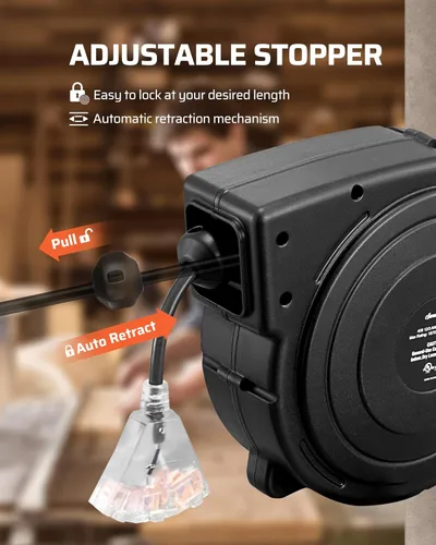Miniatura 4 de DEWENWILS Carrete de cable de extensión retráctil, cable de alimentación resistente de 50 pies, 14AWG/3C SJTOW, 3 tomas de tierra con triple llave