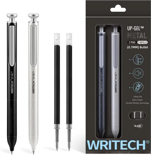 WRITECH Bolígrafos de gel de punta fina: Bolígrafo retráctil de barril metálico premium de 0.7mm con tinta negra, 2 unidades con 2 recargas, sin