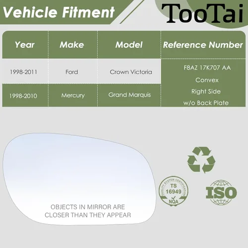 Miniatura 2 de Espejo de repuesto para el lado del pasajero, compatible con vehículos Ford y Mercury, Crown Victoria 1998-2011, Grand Marquis 1998-2010, sin