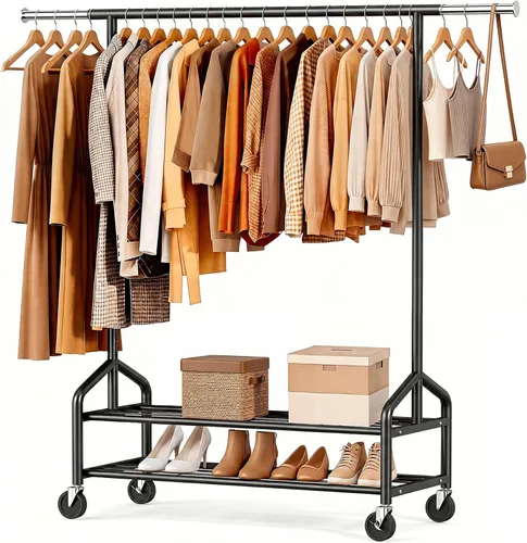 Miniatura 11 de Perchero de ropa resistente, 650 libras de carga para colgar ropa con 2 estantes resistentes, perchero de metal con ruedas para dormitorio