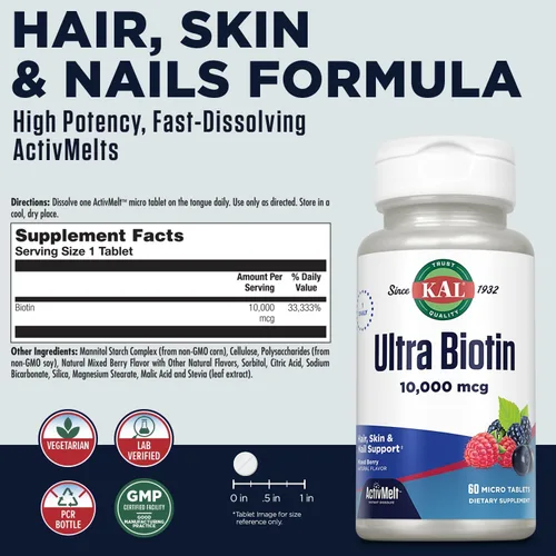 Miniatura 2 de KAL Ultra Biotin 10000mcg - Suplemento capilar de biotina para mujeres y hombres - Vitamina B7 de alta potencia - Cabello saludable, piel y uñas